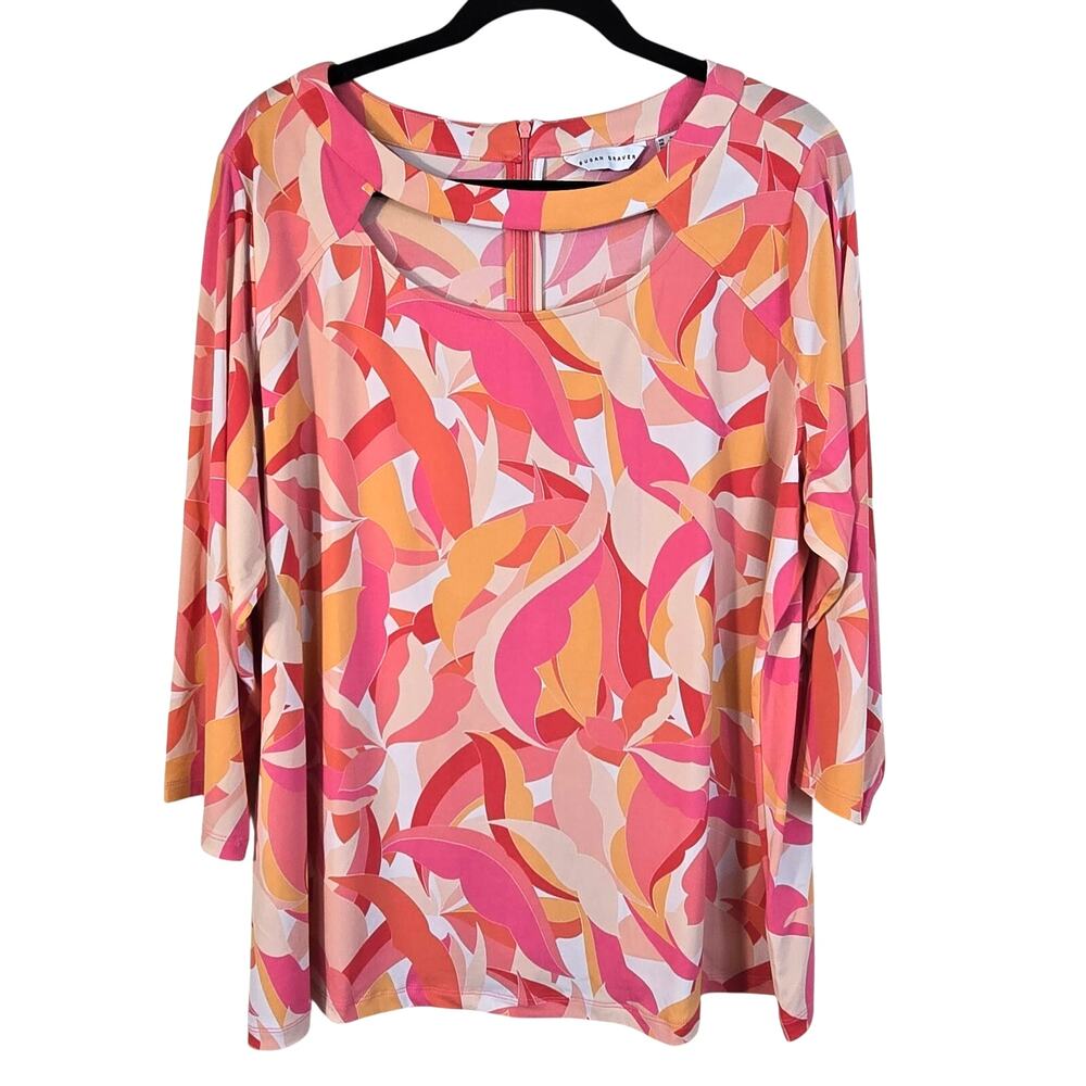Susan Graver Top Women's 2X Pink Orange Psychedelic Leaf Liquid Knit Retro Boho